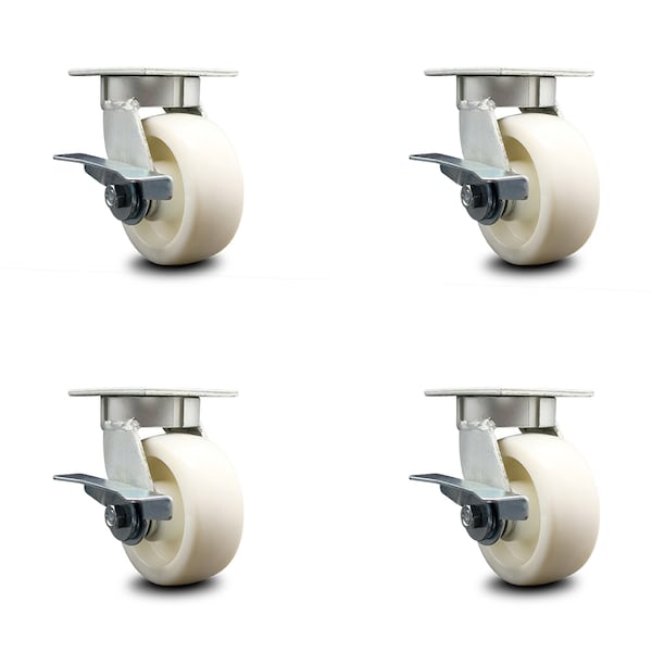 5 Inch Kingpinless Nylon Wheel Swivel Caster Set with Brakes